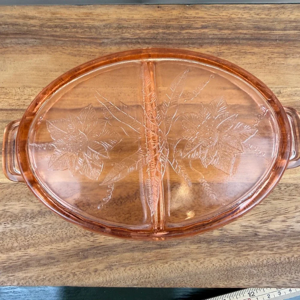 Jeannette Glass Pink Depression Glass Poinsettia Divided Relish Dish Oval Handle